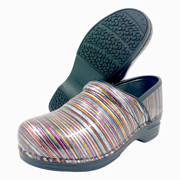 Dansko Shoes - *SOLD* Dansko Rainbow Striped EU 37 Patent Leather Nurse Work Shoes Clogs Wedge